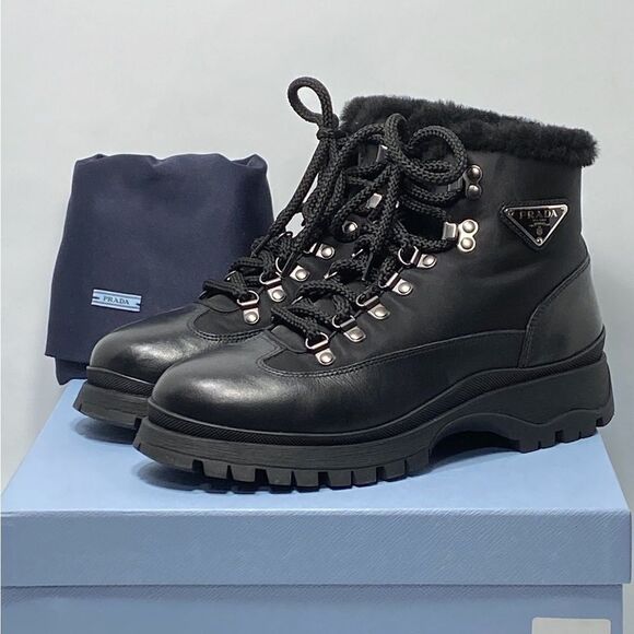 Prada Brixxen 38 Shearling-Lined Leather & Nylon Hiking Boots size 37.5 - Picture 11 of 13